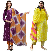 ANNI DESIGNER Women's Cotton Blend Printed Straight Kurta with Pant & Dupatta Pack of 2 (Combo-Mukhi Pink-BAGRU-Yellow_Multicolor_XX-Large)