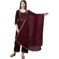 ANNI DESIGNER Women's Cotton Straight Kurta with Palazzo & Dupatta (KPZD-COT-10127-MAROON_M_Maroon_Medium)