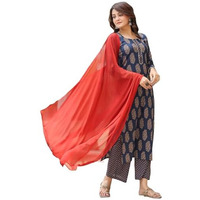 ANNI DESIGNER Women's Cotton Blend Printed Straight Kurta with Pant & Dupatta (Samichi-Blue_S_Blue_Small)