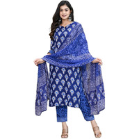 ANNI DESIGNER Women's Cotton Blend Floral Printed Straight Kurta with Pants & with Dupatta (Bulgeriya Blue-NW-CMD_S_Blue_Small)