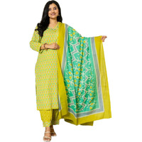 KLOSIA Women Printed Kurta and Pant Set with Dupatta (Small) Green