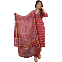 KLOSIA Women Straight Printed Kurta and Pant Set with Dupatta | Ethnic Set | Dupatta Set | Suit Set | Kurta Set | (Medium) Red