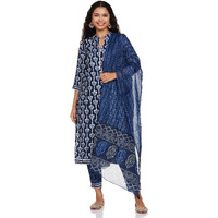 KLOSIA Women Printed Kurta and Pant Set with Dupatta (Medium) Indigo Blue