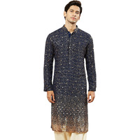 VASTRAMAY Men's Navy Blue Georgette Kurta, All Over sequinced in Ombre Design Kurta for Weddings & Festivals, Traditional Indian Wear