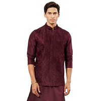 VASTRAMAY Men's Maroon Nehru Jacket - Allover Embroidered Regular Nehru Jacket for Men - Mandarin Collar, Sleeveless, Button Closure & Welt Pocket