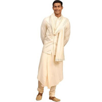 VASTRAMAY Men's Cream Viscose Jacket, Kurta and Pyjama Set | Mirror Work Chevron Pattern Chic Jacket and Asymmetric Kurta Pyjama Set For Men With Dupatta