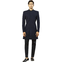 VASTRAMAY Men's Navy Blue Silk Blend Indo Western And Pant Set, Silk Blend Emboss Fabric Indo Western And Pant Set For Men, Traditional Indian Wear for Weddings & Festivals