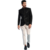 VASTRAMAY Men's Black & Cream - Jodhpuri,Pyjama Set - Velvet Sequined Embroidered Jodhpuri And Pyjama Set