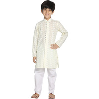 VASTRAMAY Boys' Yellow And White Kurta Pyjama Set | Classic Ensemble Of Lukhnowi Chikankari Kurta & Pyjama for Navratri, Diwali & Festive Celebrations - Stylish and Comfortable Indian Outfit for Kids