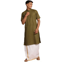 VASTRAMAY Men's Dark Green And White Cotton Linen Kurta And Mundu Set_VASMK140MGnMMU001_36