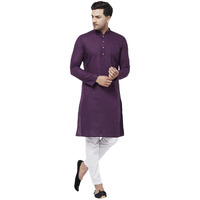VASTRAMAY Men's Purple And White Cotton Linen Kurta Pyjama Set-VASMK007PUnPANT003WH_40