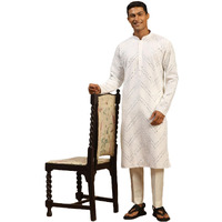 VASTRAMAY Men's White Georgette Kurta Pyjama Set | Mirror work White Georgette Kurta With Pant Style Pyjama Set.