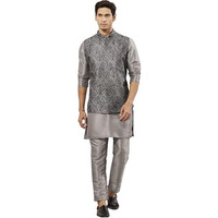 VASTRAMAY Men's Grey Silk Blend Allover Embroidered Nehru Jacket, Kurta and Pyjama Set - Elegant Ethnic Wear for Weddings & Festive Occasions