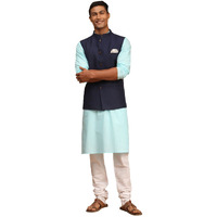 VASTRAMAY Men's Aqua, Navy Blue And White Cotton Blend Jacket, Kurta and Pyjama Set-VASMJ061NBnK007AQnPCWH_42