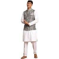 VASTRAMAY Men's Green And White Pure Cotton Jacket, Kurta and Pyjama Set-AW1_VASMJ067MInKWH000nPANT004WH_40