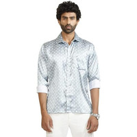 VASTRAMAY Men's Grey and White Satin Stylish Allover Printed Full-Sleeve Shirt in Silk-Like Fabric, Tailored Fit, for Formal Occasions and Celebrations