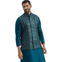 VASTRAMAY Men's Turquoise Silk Blend Nehru Jacket - Embroidered Sequined Nehru Jacket For Men.