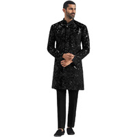 VASTRAMAY Men's Black Velvet Sherwani Set, Velvet Embroidered Sequiend Indo western and Pant Set for Men for Weddings & Festivals, Traditional Ethnic Wear Outfit