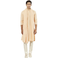 VASTRAMAY Men's Peach Rayon Kurta Pyjama And Dupatta Set - Rayon Schiffily Embroidery Kurta Pyjama And Dupatta Set For Men.