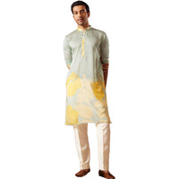 VASTRAMAY Men's Multi Color Base Yellow Cotton blend Kurta Pyjama Set - Floral Printed Cotton Kurta And Pyjama Set
