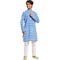 VASTRAMAY YUVA Boys' Aqua Blue And White Ikkat Kurta Pyjama Set_VYUVBK068AQnPWH_36M