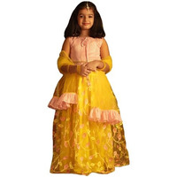 VASTRAMAY Girls' Pink And Yellow Lehenga With Net Ruffle Dupatta_VASGLC038YWnD_20