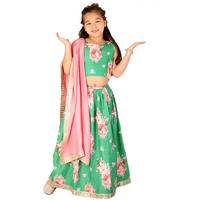 VASTRAMAY Girls' Green And Pink Sequins Floral Lehenga And Dupatta Set_VASGLC004GNnD_26