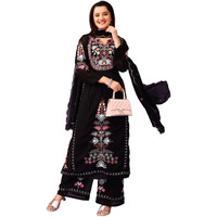 Wedani Faux Georgette Embroidered Kurta Set with Duptta for Women (in, Alpha, S, Regular, Black)