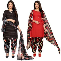 Yashika Women's Crepe Dress Material Set for Women | Unstitched Printed Fabric for Kurta Bottom & Dupatta (YS-BLACK FLOWER-MALVIKA RED)