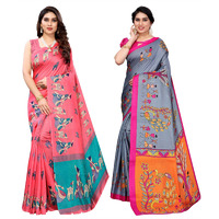 Yashika Women's Combo Art Silk Printed Saree With Blouse Piece Pack Of 2(MAITHALI PINK-DANDIYA GREY)