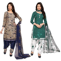 Yashika Women's Crepe Dress Material Set for Women | Unstitched Printed Fabric for Kurta Bottom & Dupatta (YS-ADDA BLUE-NITU GREEN)