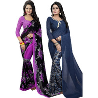 Yashika Women's Jacquard Pure Georgette Saree Combo (Floral Violet_Half Ink_Grey)