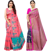 Yashika Women's Combo Art Silk Printed Saree With Blouse Piece Pack Of 9(MAITHALI PINK-METRO NAVY)