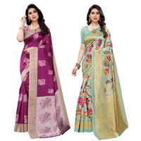 Yashika Women's Combo Art Silk Printed Saree With Blouse Piece Pack Of 2(KESAR WINE-AIR LIGHT GREEN)