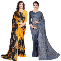 Yashika Womens Georgette Saree With Blouse Piece(FLORAL YELLOW_HALF INK_Pack Of-2)