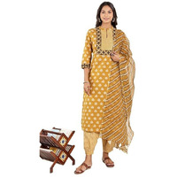 Yashika Women's Floral Regular Printed Cotton Blend Straight Kurta Afghani Pant Dupatta Set-Ethnic Elegance Embodied | Perfect Fusion of Tradition and Style (AZ-YS-OG-KS2123-Parent_Yellow