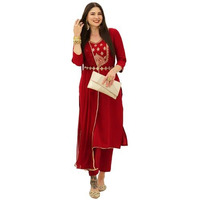 ANNI DESIGNER Women's Cotton Blend Embroidered Straight Kurta with Pant & Dupatta (BGM Maroon_XXL_Maroon_XX-Large)