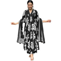 ANNI DESIGNER Women's Rayon Viscose Anarkali Printed Kurta with Pant & Dupatta (Jasiwal Black-VKS01_XL_Black_X-Large)