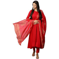 ANNI DESIGNER Women's Rayon Blend Solid Anarkali Kurta with Pant & Dupatta (Magic-RED-NW_XL_Red_X-Large)