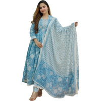 KLOSIA Women Printed Kurta and Pant Suit Set with Dupatta (Small) Sky Blue