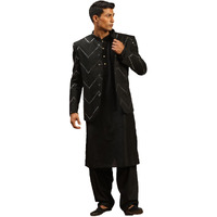 VASTRAMAY Men's Black Viscose Ethnic Combo Set | Mirror work Embellished Viscose Jodhpuri Coat For Men. This Set Contain Viscose Kurta and patiala pant.