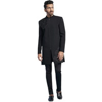 VASTRAMAY Men's Black Imported Suiting Lycra Sherwani Set - Imported Suiting Lycra Fabric Embroidered Sequiend Indo Western,And Pant Set