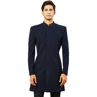 VASTRAMAY Men's Navy Blue Silk Blend Indo Western Top Only, Silk Blend Emboss Fabric Indo Western For Men, Traditional Indian Wear for Weddings & Festivals