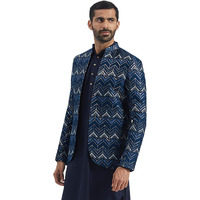 VASTRAMAY Men's Blue Silk Blend Jodhpuri - Cheveron Embroidered And Sequins Embellished Front Open Jodhpuri