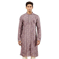 VASTRAMAY Men's Lavender Tissue Silk Kurta with Golden Embroidery - Perfect for Weddings and Festivals