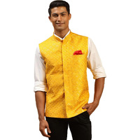 VASTRAMAY Men's Yellow Silk Blend Nehru Jacket | Sequins Embroidered Dupion Nehru Jacket for Men