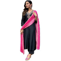 KLOSIA Women Solid Black Embroidery Straight Kurta and Pant Set with Printed Dupatta (in, Alpha, 2XL, Black)