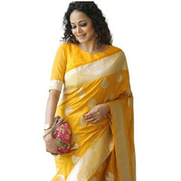 Yashika Womens Fancy Banarasi Kanjivaram Art Silk Yellow Saree with Unstitched Blouse Piece |Wedding Saree for Women