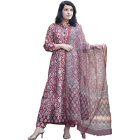 KLOSIA Women Printed Anarkali Kurta and Pant Set with Dupatta (in, Alpha, L, Red)