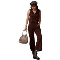 ANNI DESIGNER Women's Rayon Viscose Short Solid Waist-Coat with Trouser Set (FAZLUNA Brown_XL_Brown_X-Large)